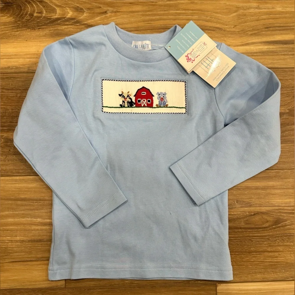 Vive La Fete Toddler Boy Hand Smocked Long Sleeve Farm Shirt Light Blue 3T NWT